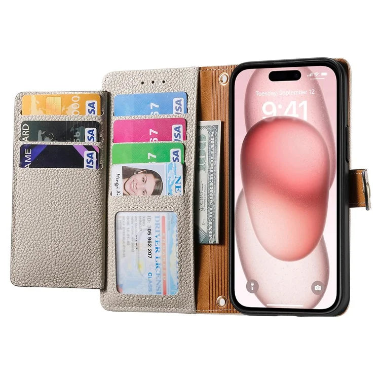 For iPhone 15 Leather Phone Case with RFID Blocking Zipper Wallet