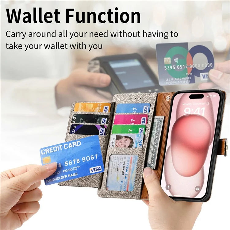 For iPhone 15 Leather Phone Case with RFID Blocking Zipper Wallet