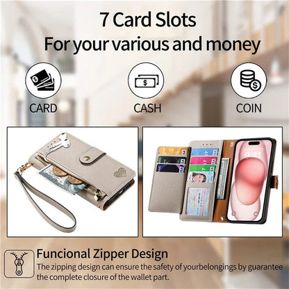 For iPhone 15 Leather Phone Case with RFID Blocking Zipper Wallet
