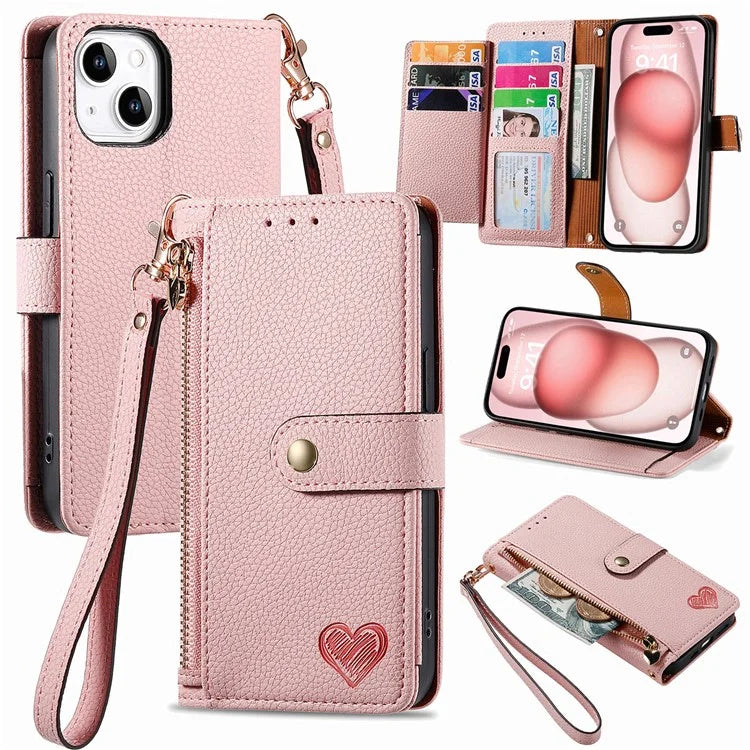 For iPhone 15 Leather Phone Case with RFID Blocking Zipper Wallet