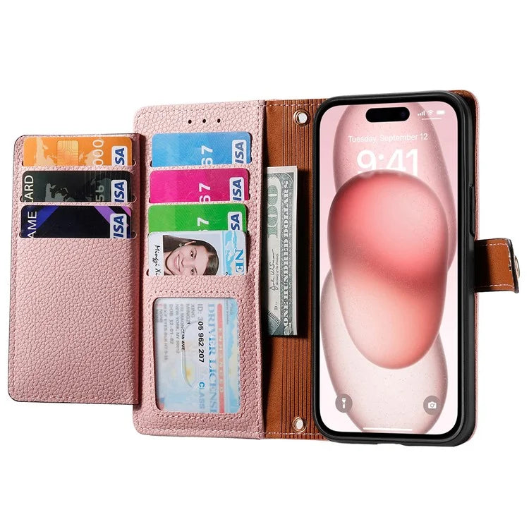 For iPhone 15 Leather Phone Case with RFID Blocking Zipper Wallet