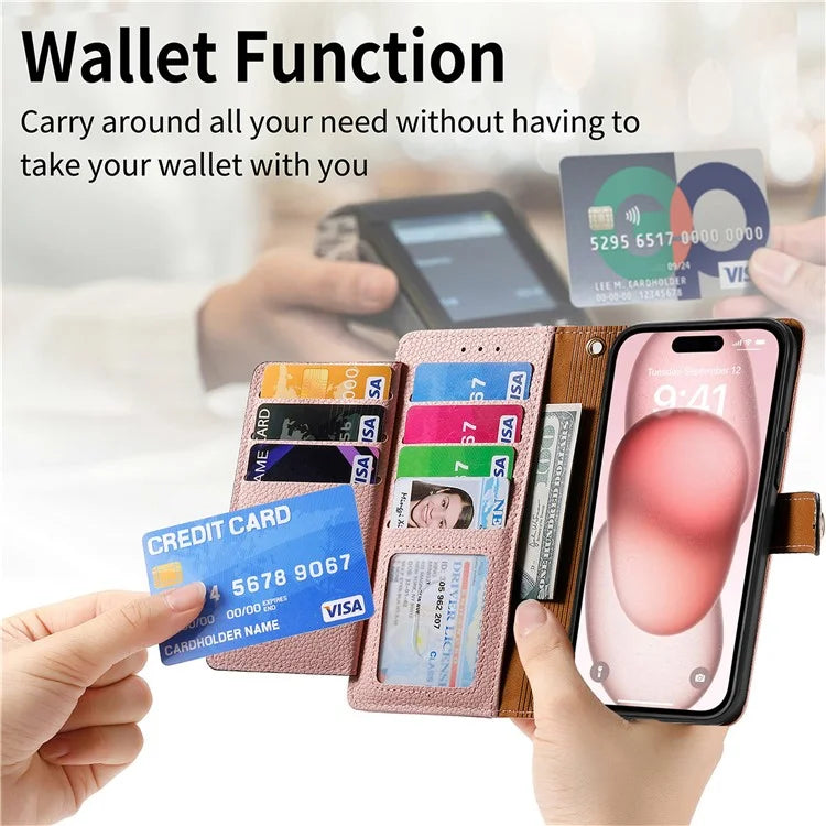 For iPhone 15 Leather Phone Case with RFID Blocking Zipper Wallet