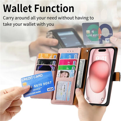 For iPhone 15 Leather Phone Case with RFID Blocking Zipper Wallet
