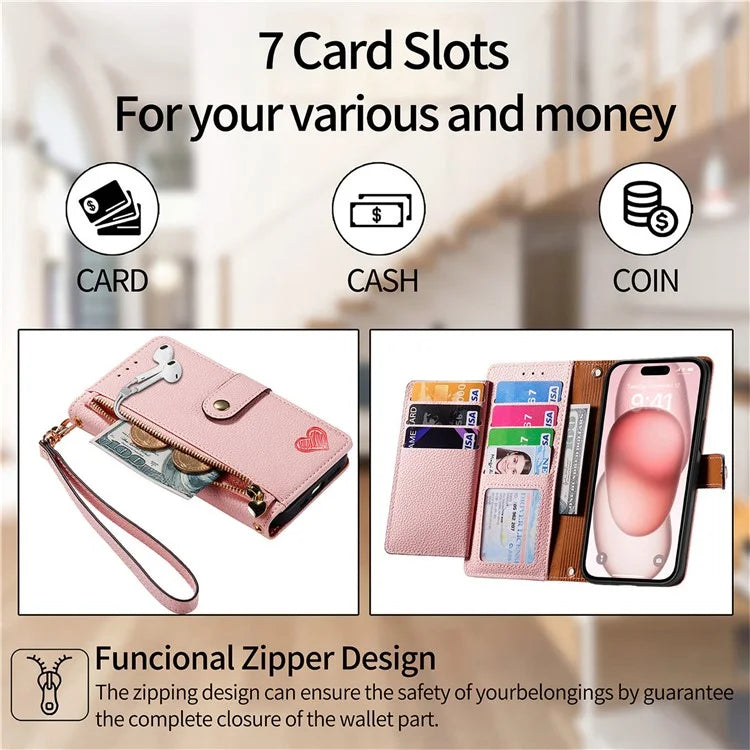 For iPhone 15 Leather Phone Case with RFID Blocking Zipper Wallet