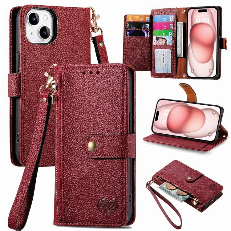 For iPhone 15 Leather Phone Case with RFID Blocking Zipper Wallet