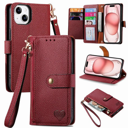 For iPhone 15 Leather Phone Case with RFID Blocking Zipper Wallet