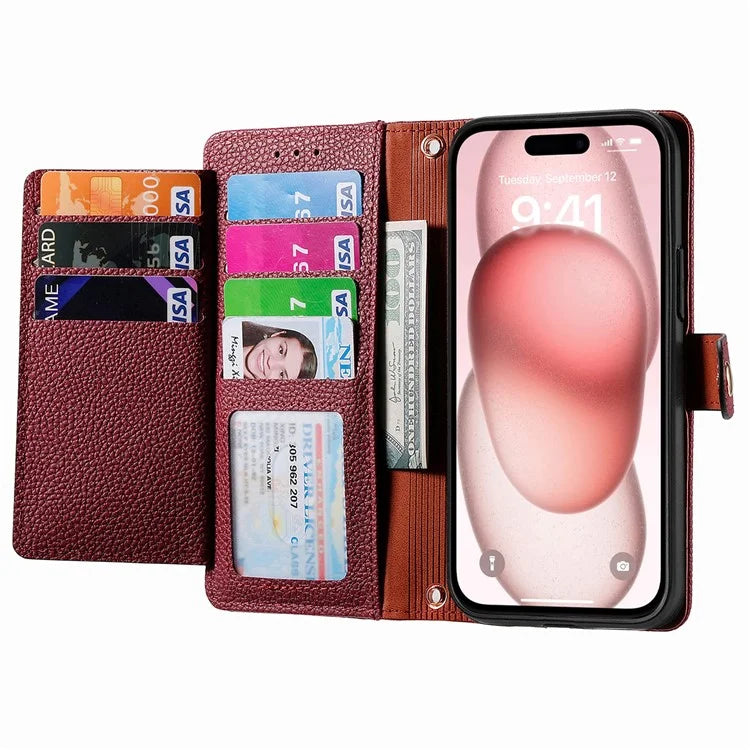 For iPhone 15 Leather Phone Case with RFID Blocking Zipper Wallet