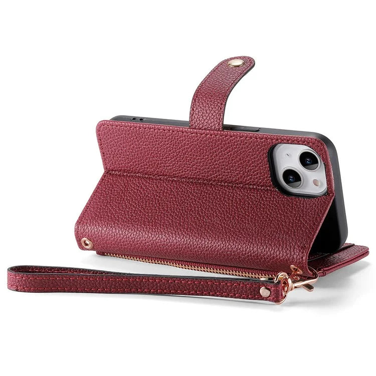 For iPhone 15 Leather Phone Case with RFID Blocking Zipper Wallet