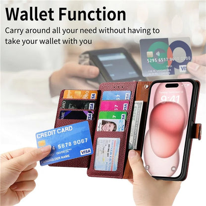 For iPhone 15 Leather Phone Case with RFID Blocking Zipper Wallet