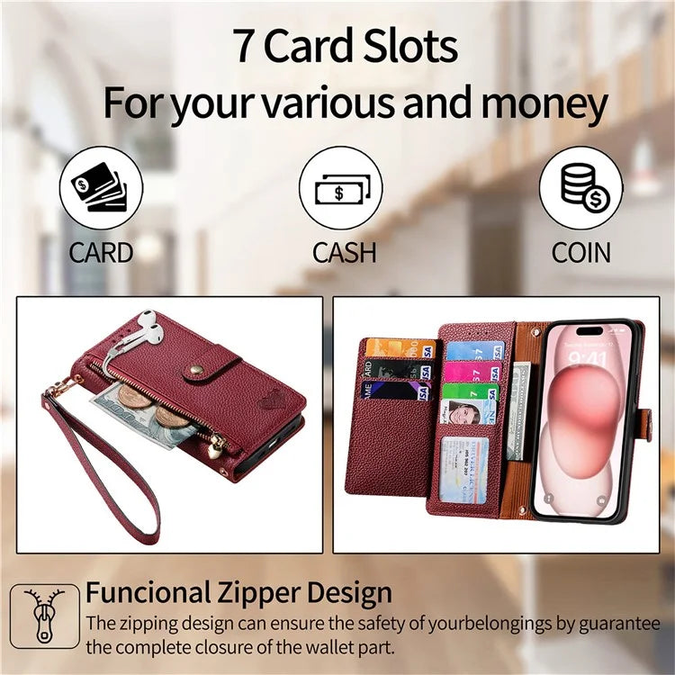 For iPhone 15 Leather Phone Case with RFID Blocking Zipper Wallet