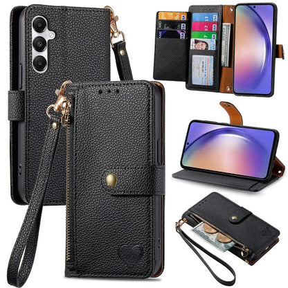 For Samsung Galaxy A55 5G Case Zipper Wallet PU Leather Phone Cover with Hand Strap
