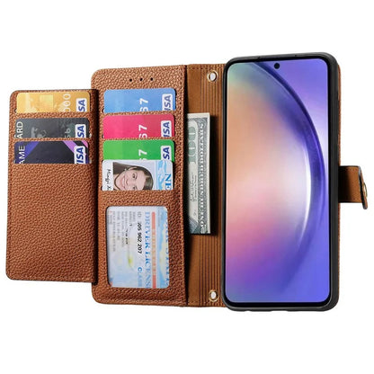 For Samsung Galaxy A55 5G Case Zipper Wallet PU Leather Phone Cover with Hand Strap