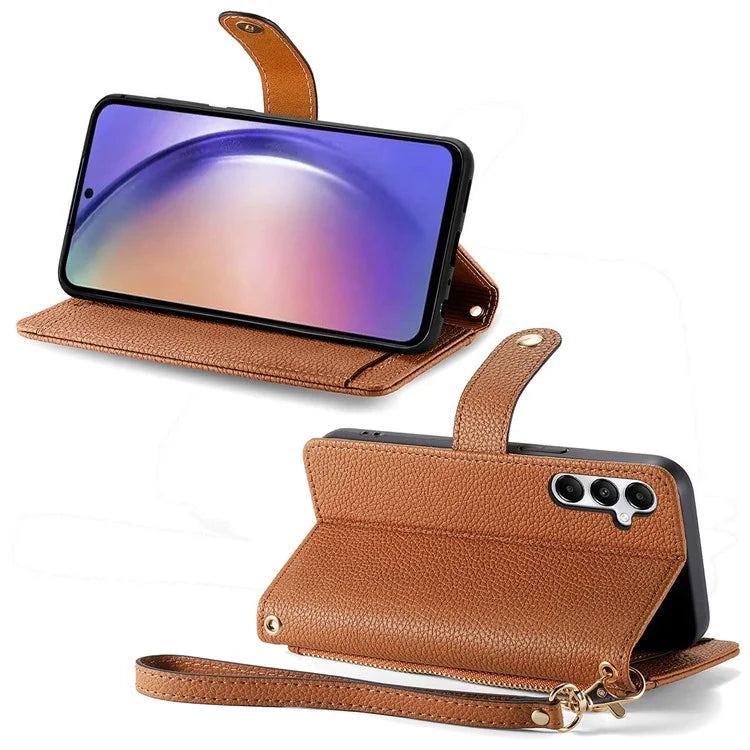 For Samsung Galaxy A55 5G Case Zipper Wallet PU Leather Phone Cover with Hand Strap