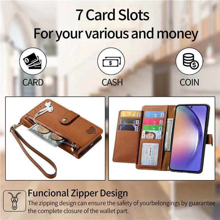 For Samsung Galaxy A55 5G Case Zipper Wallet PU Leather Phone Cover with Hand Strap