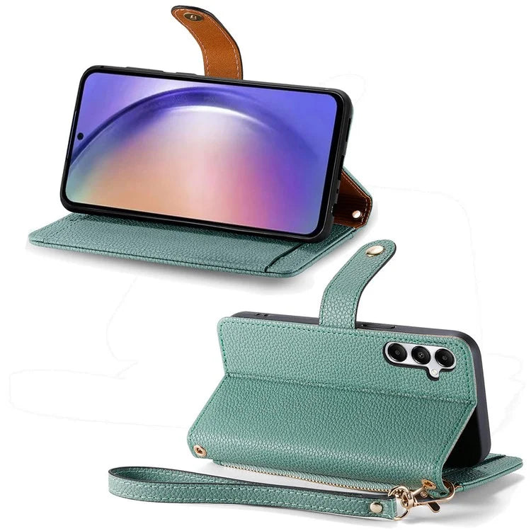 For Samsung Galaxy A55 5G Case Zipper Wallet PU Leather Phone Cover with Hand Strap
