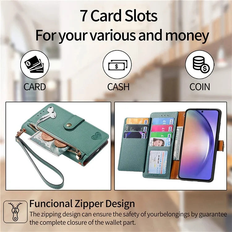 For Samsung Galaxy A55 5G Case Zipper Wallet PU Leather Phone Cover with Hand Strap