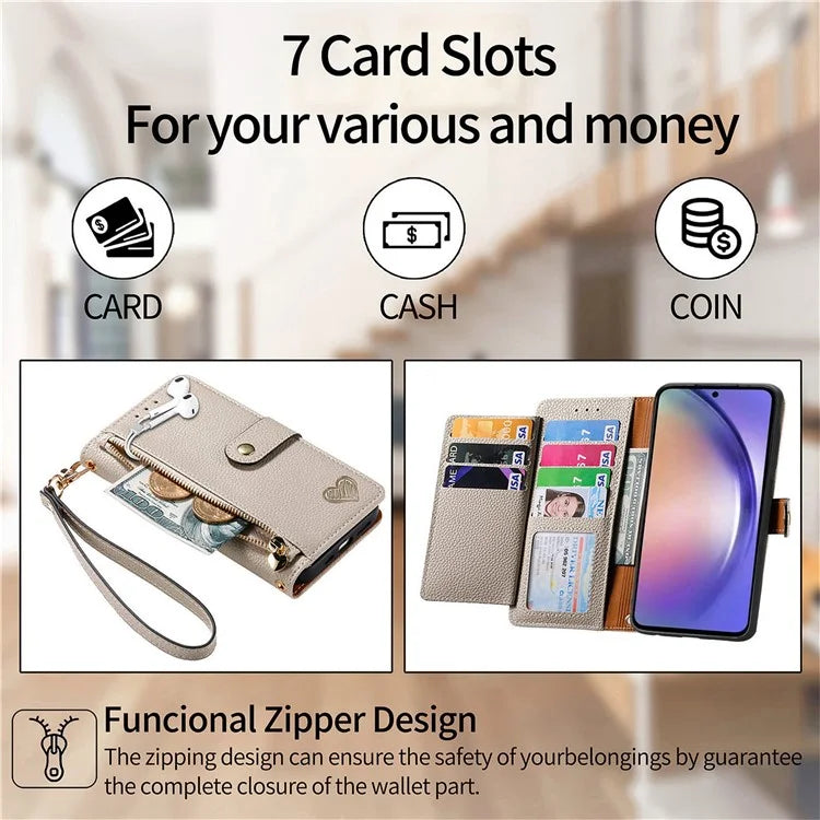 For Samsung Galaxy A55 5G Case Zipper Wallet PU Leather Phone Cover with Hand Strap
