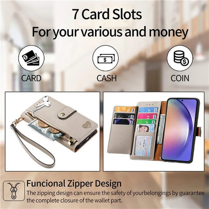 For Samsung Galaxy A55 5G Case Zipper Wallet PU Leather Phone Cover with Hand Strap