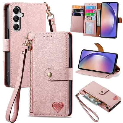 For Samsung Galaxy A55 5G Case Zipper Wallet PU Leather Phone Cover with Hand Strap