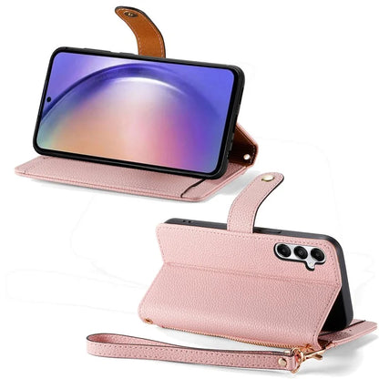 For Samsung Galaxy A55 5G Case Zipper Wallet PU Leather Phone Cover with Hand Strap