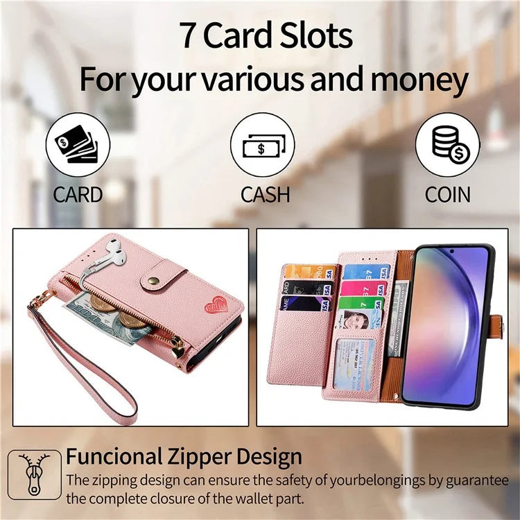 For Samsung Galaxy A55 5G Case Zipper Wallet PU Leather Phone Cover with Hand Strap