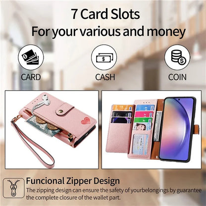 For Samsung Galaxy A55 5G Case Zipper Wallet PU Leather Phone Cover with Hand Strap
