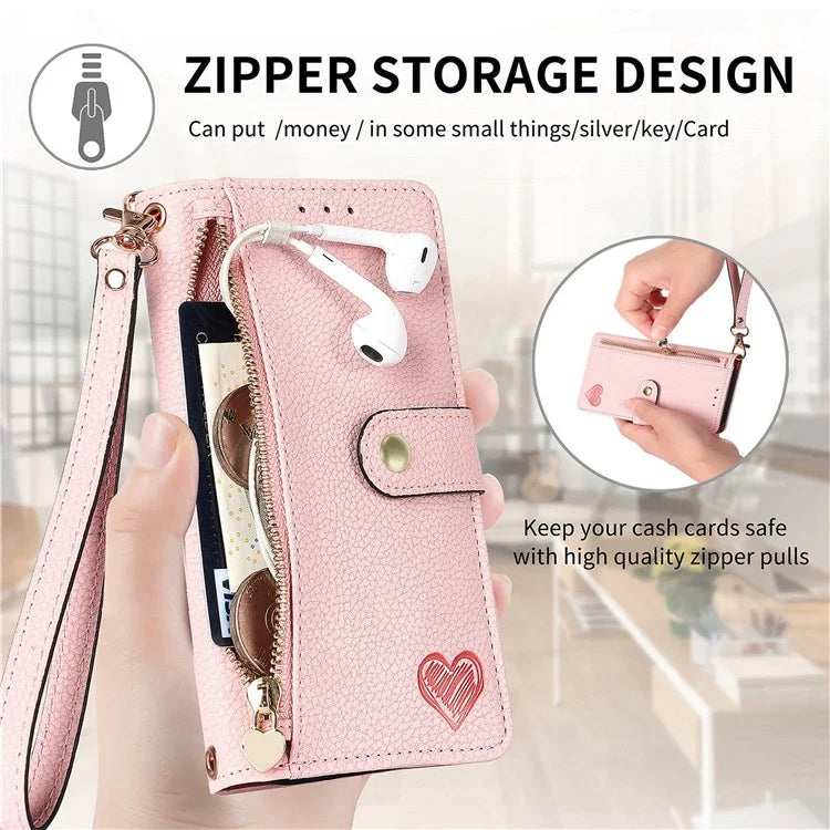 For Samsung Galaxy A55 5G Case Zipper Wallet PU Leather Phone Cover with Hand Strap