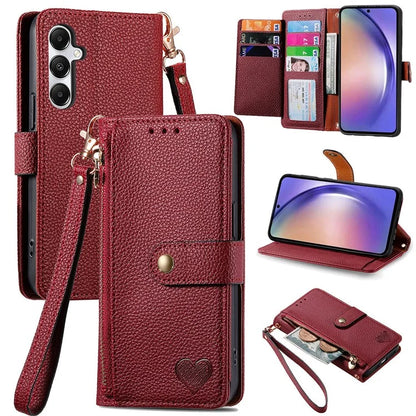 For Samsung Galaxy A55 5G Case Zipper Wallet PU Leather Phone Cover with Hand Strap