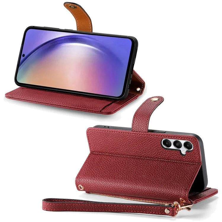 For Samsung Galaxy A55 5G Case Zipper Wallet PU Leather Phone Cover with Hand Strap