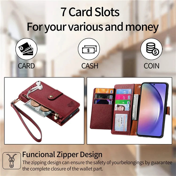 For Samsung Galaxy A55 5G Case Zipper Wallet PU Leather Phone Cover with Hand Strap