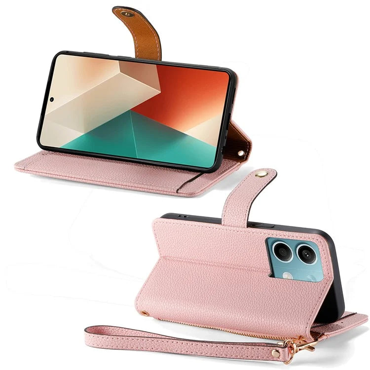 For Xiaomi Redmi Note 13 5G Case Zipper Leather Phone Cover RFID Blocking Wallet
