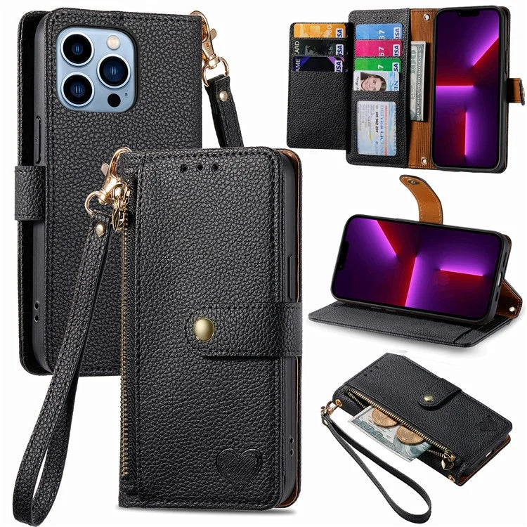 For iPhone 13 Pro Max Leather Case Wallet Zipper Pocket Phone Cover Heart Shape Imprinted