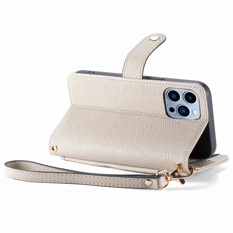 For iPhone 13 Pro Max Leather Case Wallet Zipper Pocket Phone Cover Heart Shape Imprinted