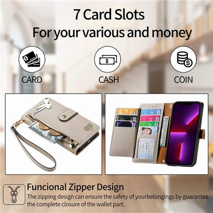 For iPhone 13 Pro Max Leather Case Wallet Zipper Pocket Phone Cover Heart Shape Imprinted