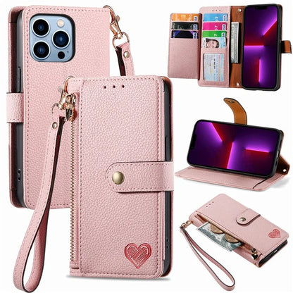 For iPhone 13 Pro Max Leather Case Wallet Zipper Pocket Phone Cover Heart Shape Imprinted