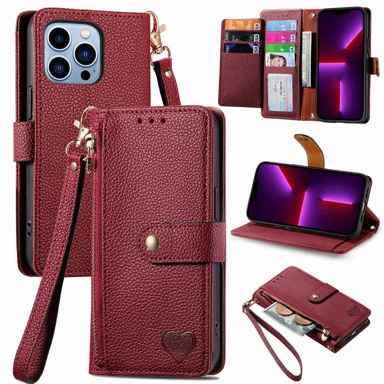 For iPhone 13 Pro Max Leather Case Wallet Zipper Pocket Phone Cover Heart Shape Imprinted