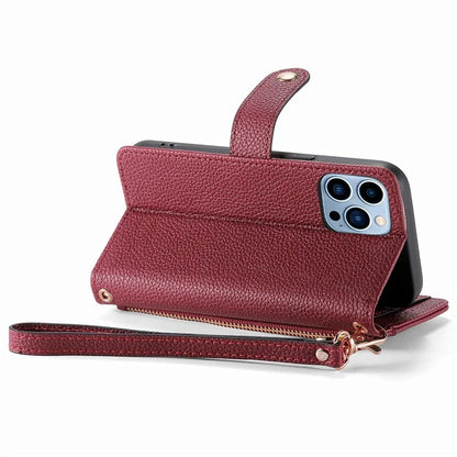 For iPhone 13 Pro Max Leather Case Wallet Zipper Pocket Phone Cover Heart Shape Imprinted