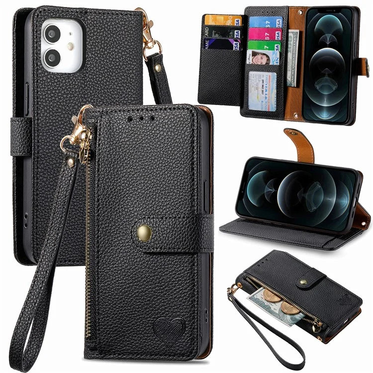 For iPhone 12 / 12 Pro Case Wallet Zipper Leather Phone Cover RFID Blocking Function