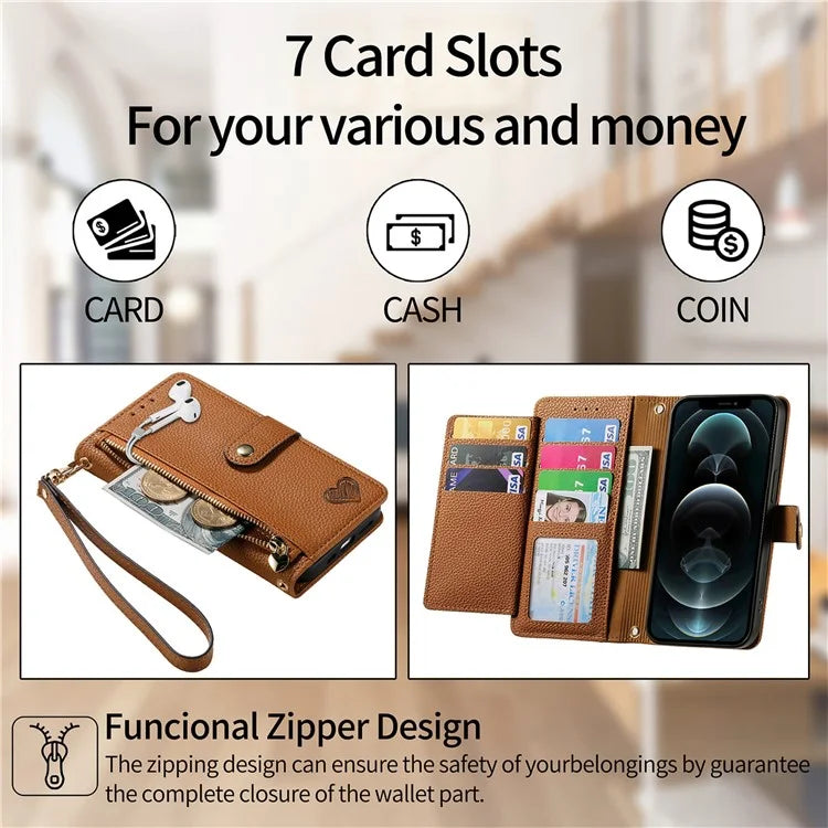 For iPhone 12 / 12 Pro Case Wallet Zipper Leather Phone Cover RFID Blocking Function