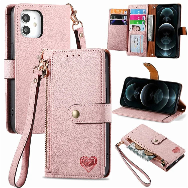 For iPhone 12 / 12 Pro Case Wallet Zipper Leather Phone Cover RFID Blocking Function