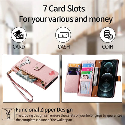For iPhone 12 / 12 Pro Case Wallet Zipper Leather Phone Cover RFID Blocking Function