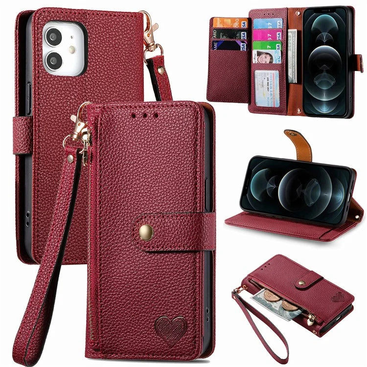For iPhone 12 / 12 Pro Case Wallet Zipper Leather Phone Cover RFID Blocking Function