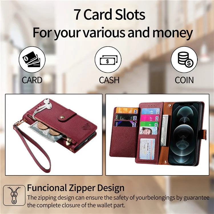 For iPhone 12 / 12 Pro Case Wallet Zipper Leather Phone Cover RFID Blocking Function