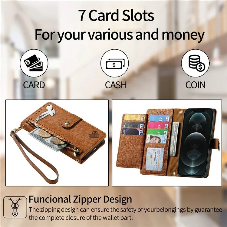 For iPhone 12 Pro Max Leather Case RFID Blocking Zipper Pocket Phone Cover
