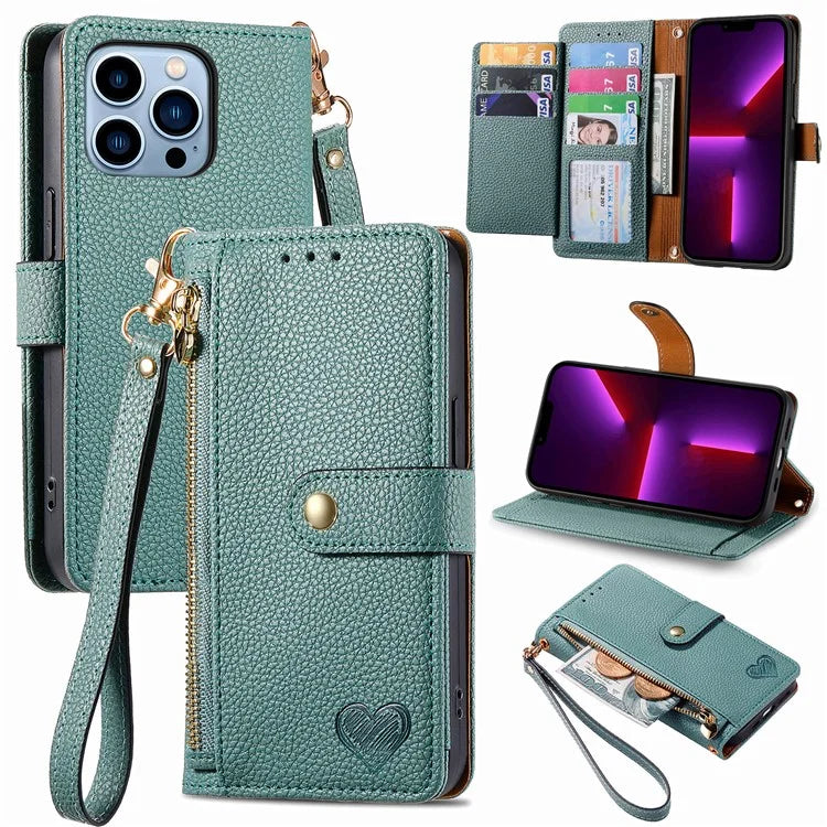 For iPhone 13 Pro Case RFID Blocking Zipper Leather Phone Cover with Wallet Card Slots