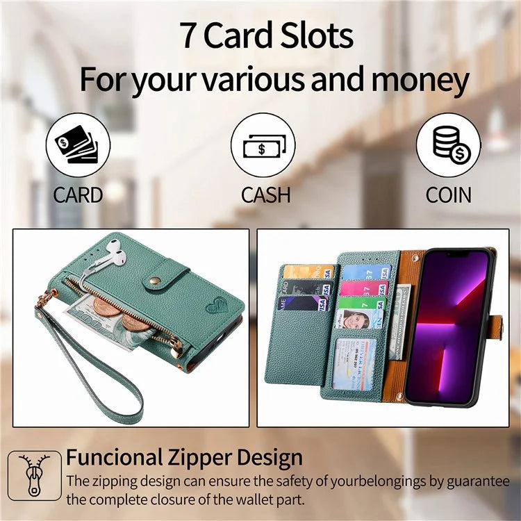 For iPhone 13 Pro Case RFID Blocking Zipper Leather Phone Cover with Wallet Card Slots