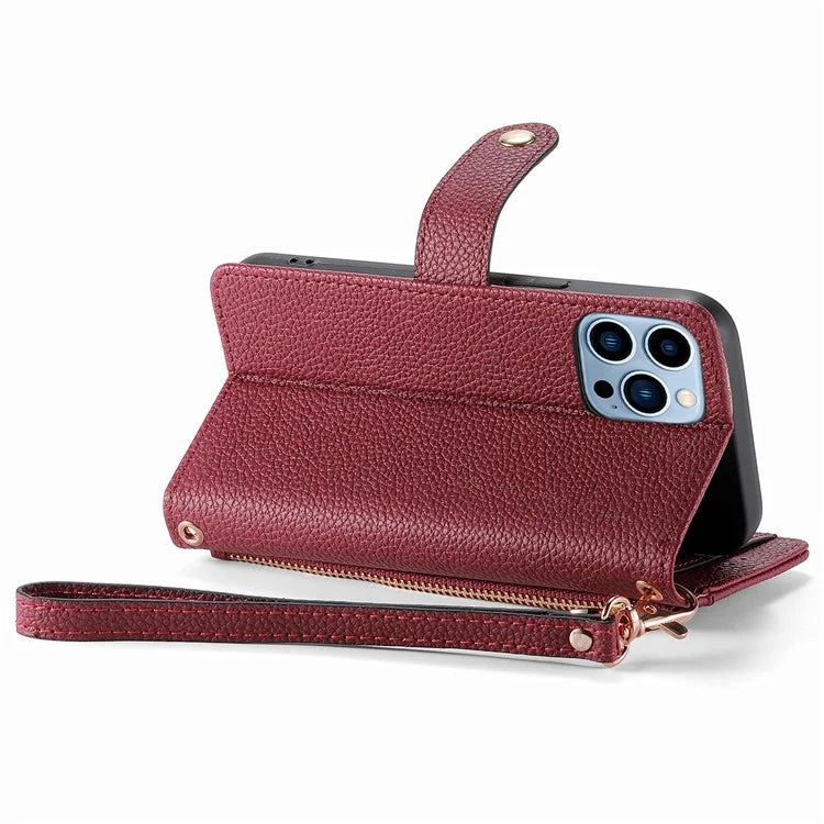 For iPhone 13 Pro Case RFID Blocking Zipper Leather Phone Cover with Wallet Card Slots