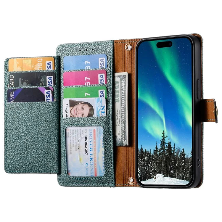 For iPhone 14 / 13 Leather Case RFID Blocking Zipper Pocket Phone Cover Folding Stand