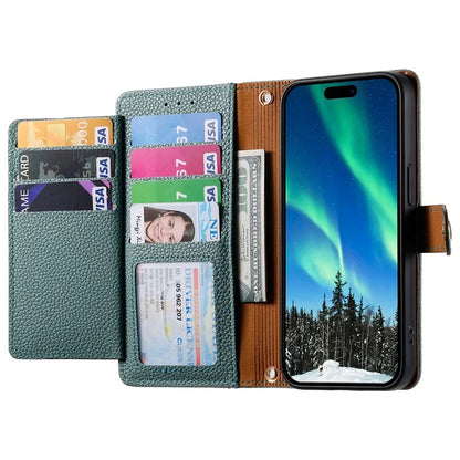 For iPhone 14 / 13 Leather Case RFID Blocking Zipper Pocket Phone Cover Folding Stand