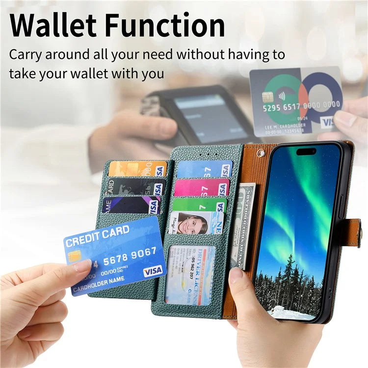 For iPhone 14 / 13 Leather Case RFID Blocking Zipper Pocket Phone Cover Folding Stand